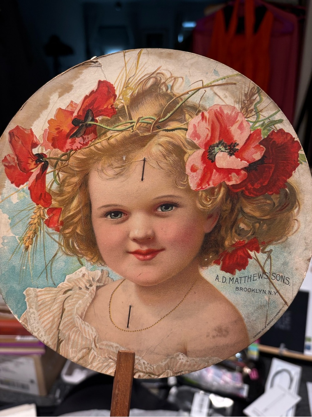Victorian Floral Child Portrait Vintage Hand Fan - Poppies